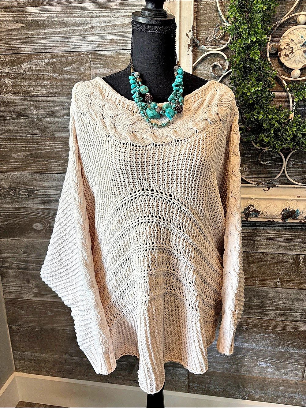 Davi & Dani (Size XL) Open Knit Dolman Sleeve Sweater in Cream - Like New